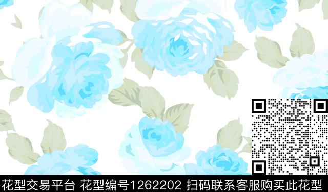 玫瑰浅蓝.jpg - 1262202 - 玫瑰花 月季花 花卉 - 传统印花花型 － 女装花型设计 － 瓦栏