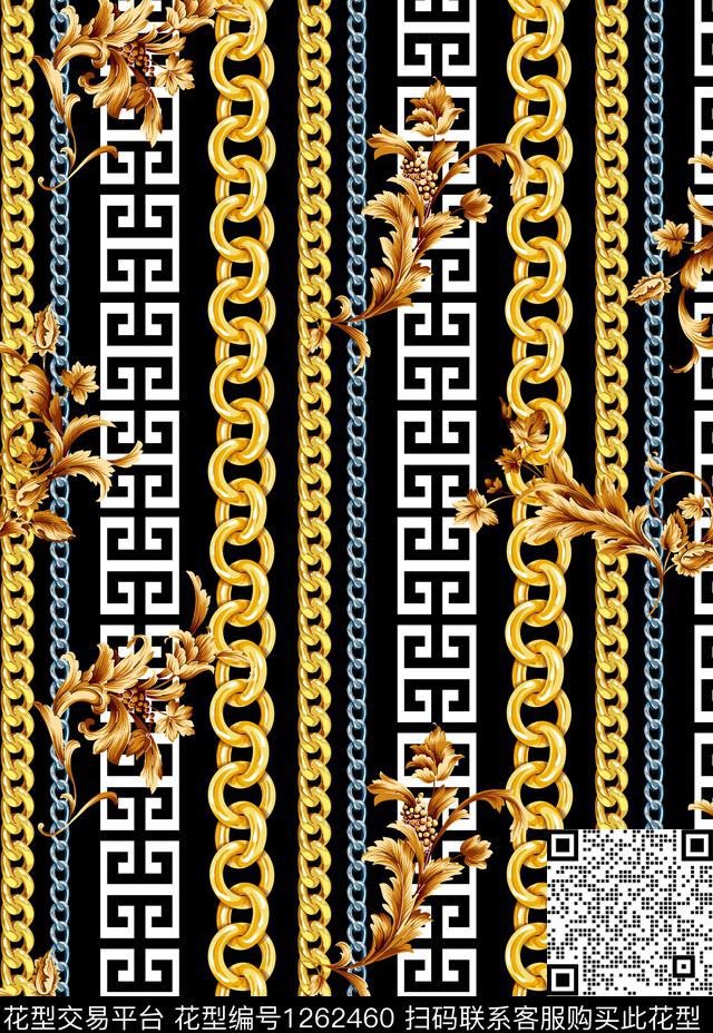欧式回纹 金色链条.jpg - 1262460 - 古典花纹 宫廷风 链条 - 数码印花花型 － 男装花型设计 － 瓦栏
