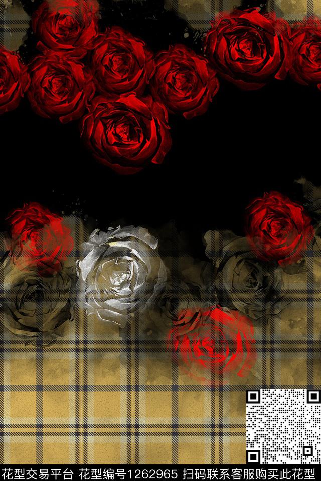 NH-913.jpg - 1262965 - plaid red flowers black flowers - 数码印花花型 － 女装花型设计 － 瓦栏