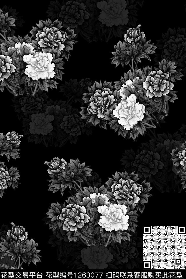 Y19M0641.jpg - 1263077 - 黑白系列 牡丹 传统花型 - 数码印花花型 － 男装花型设计 － 瓦栏