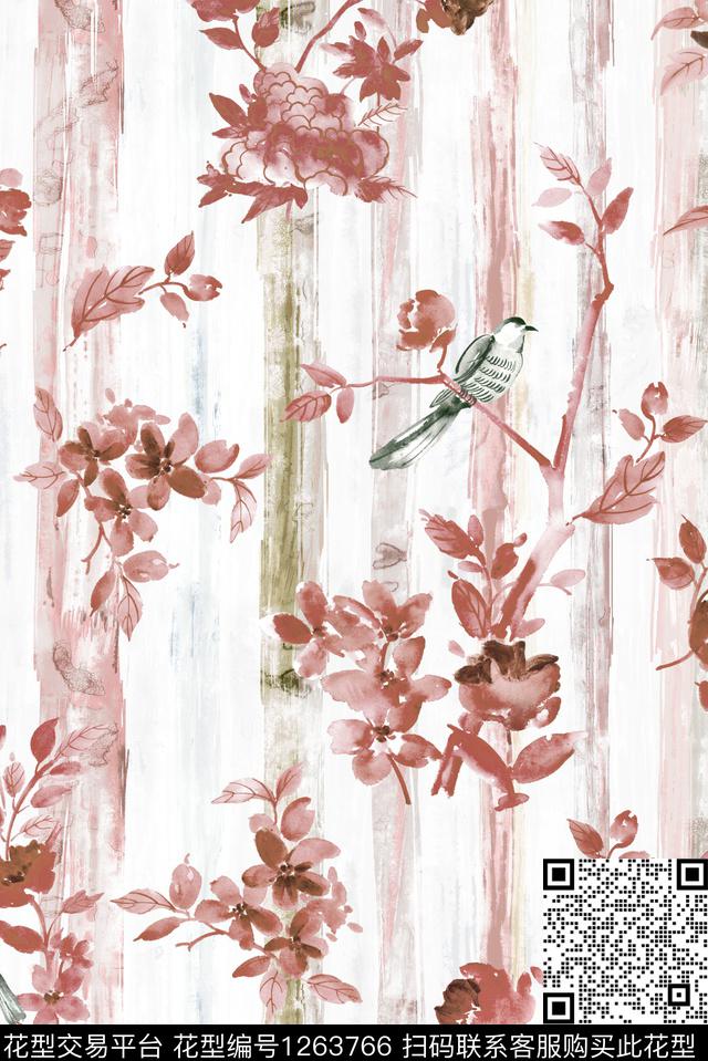 163.jpg - 1263766 - 绿植树叶 条纹 花卉 - 数码印花花型 － 女装花型设计 － 瓦栏