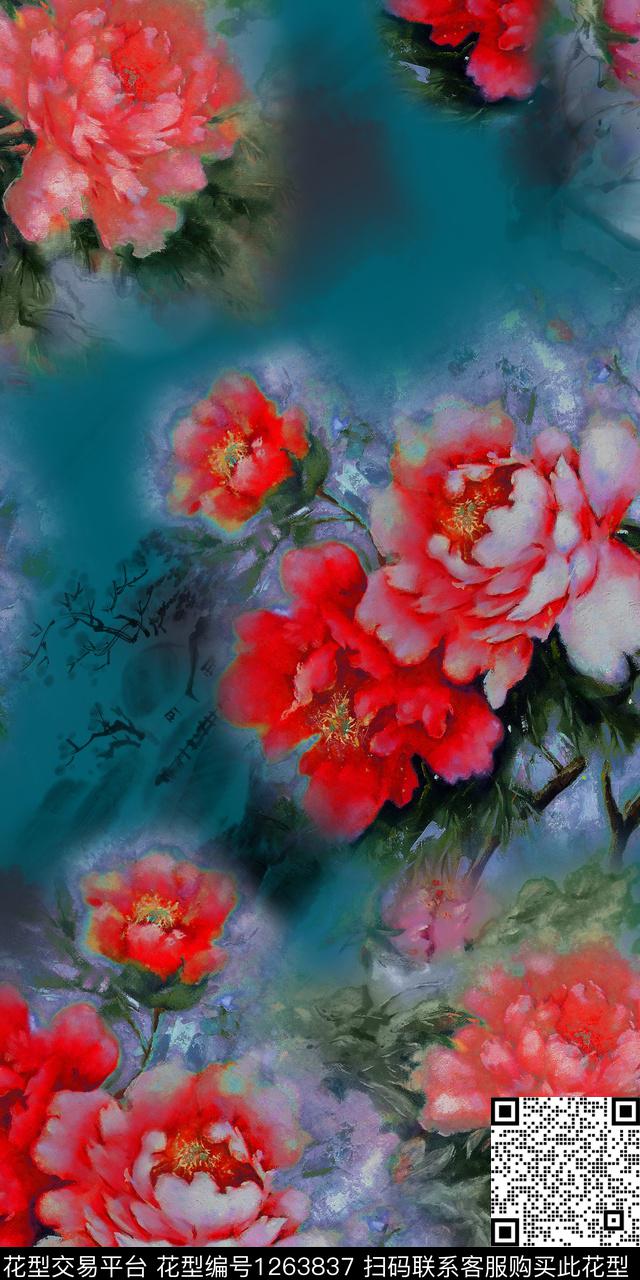 f01m.jpg - 1263837 - 中国 国画 牡丹 - 数码印花花型 － 女装花型设计 － 瓦栏