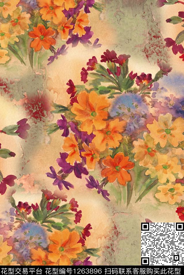 复古数码花型真丝数码印花花型下载（图片编号: 1263896） - 瓦栏（Walan）