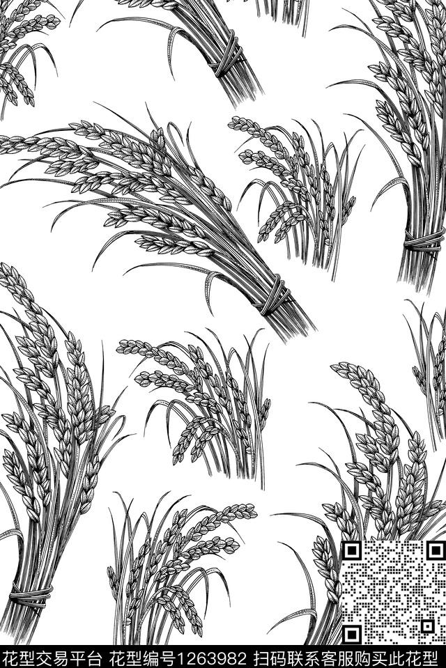 Y19M0661.jpg - 1263982 - 线条花卉 麦穗 黑白系列 - 数码印花花型 － 男装花型设计 － 瓦栏