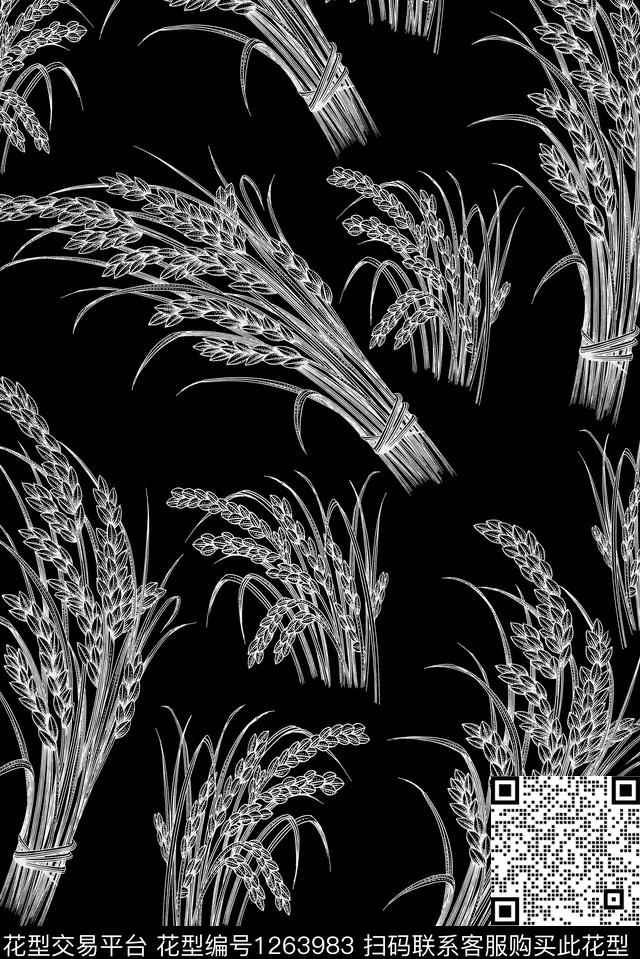 Y19M0662.jpg - 1263983 - 线条花卉 麦穗 黑白系列 - 数码印花花型 － 男装花型设计 － 瓦栏