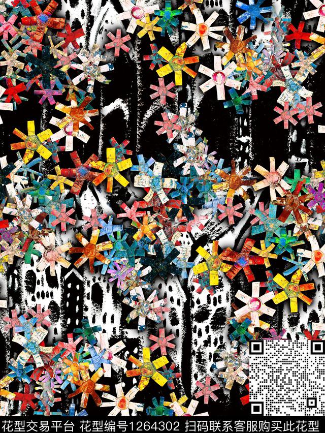 W1909184.jpg - 1264302 - 花卉 油画花型 黑白花型 - 数码印花花型 － 女装花型设计 － 瓦栏