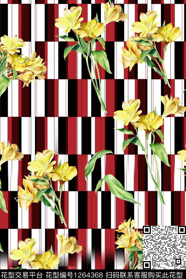 2019010-9a.jpg - 1264368 - 绿植树叶 线条花卉 几何花卉 - 数码印花花型 － 女装花型设计 － 瓦栏