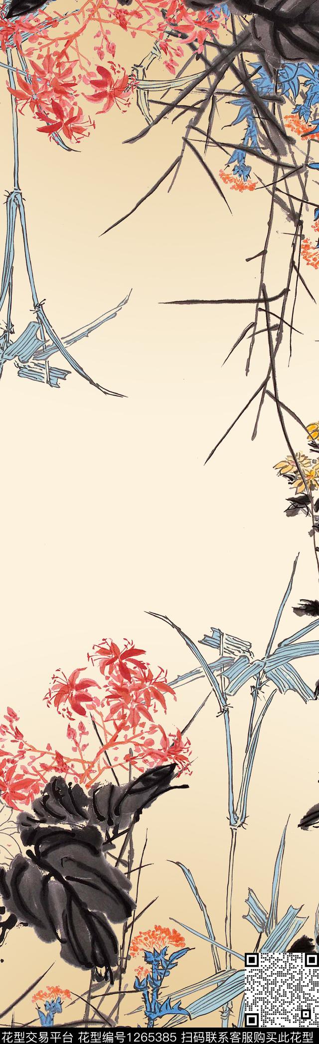 植物中国风国画数码印花花型下载（图片编号: 1265385） - 瓦栏（Walan）