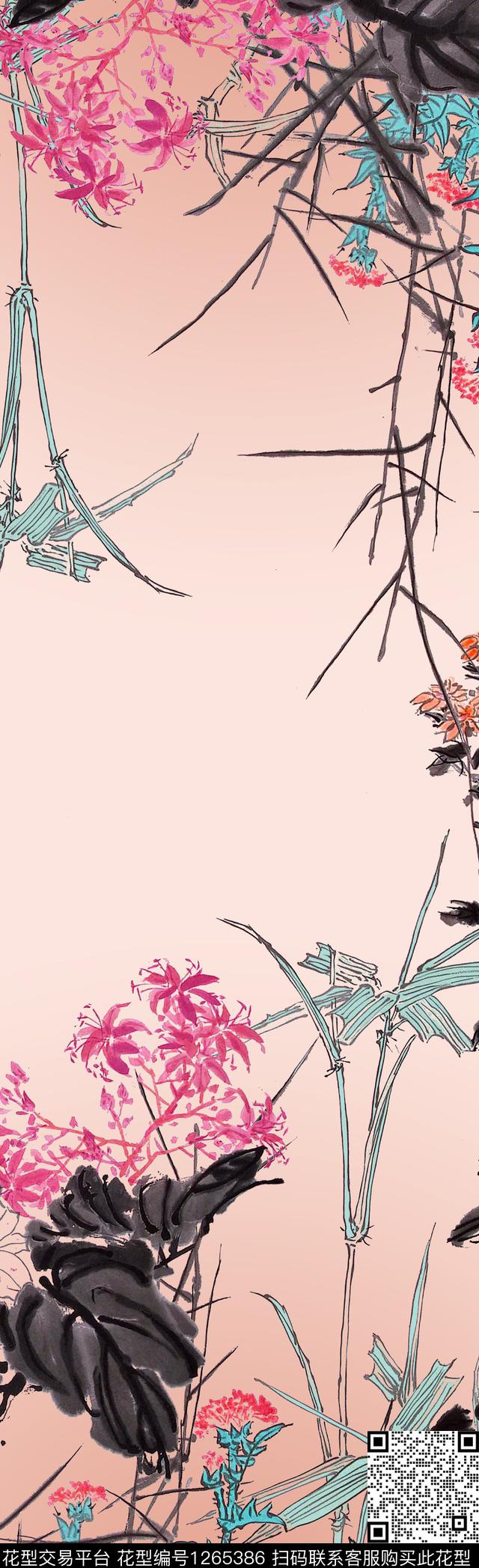 植物中国风国画数码印花花型下载（图片编号: 1265386） - 瓦栏（Walan）