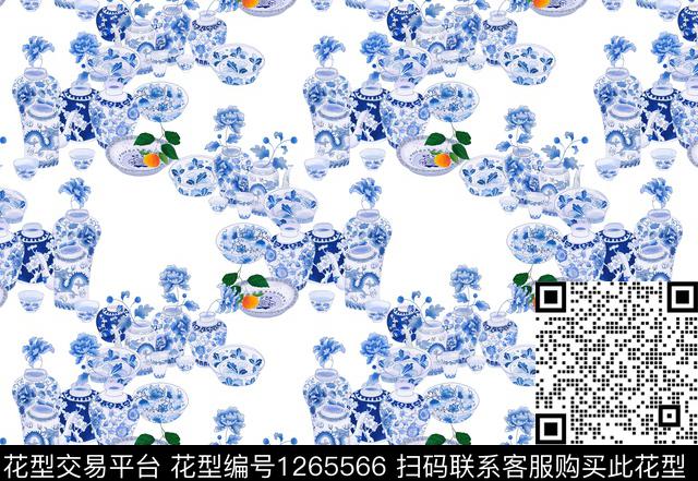 中国青花瓷.jpg - 1265566 - 中国 花瓶 桔子 - 数码印花花型 － 女装花型设计 － 瓦栏