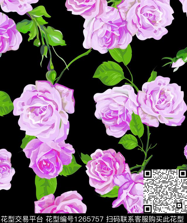 克底玫瑰.jpg - 1265757 - 花卉 藤蔓 玫瑰花 - 数码印花花型 － 女装花型设计 － 瓦栏