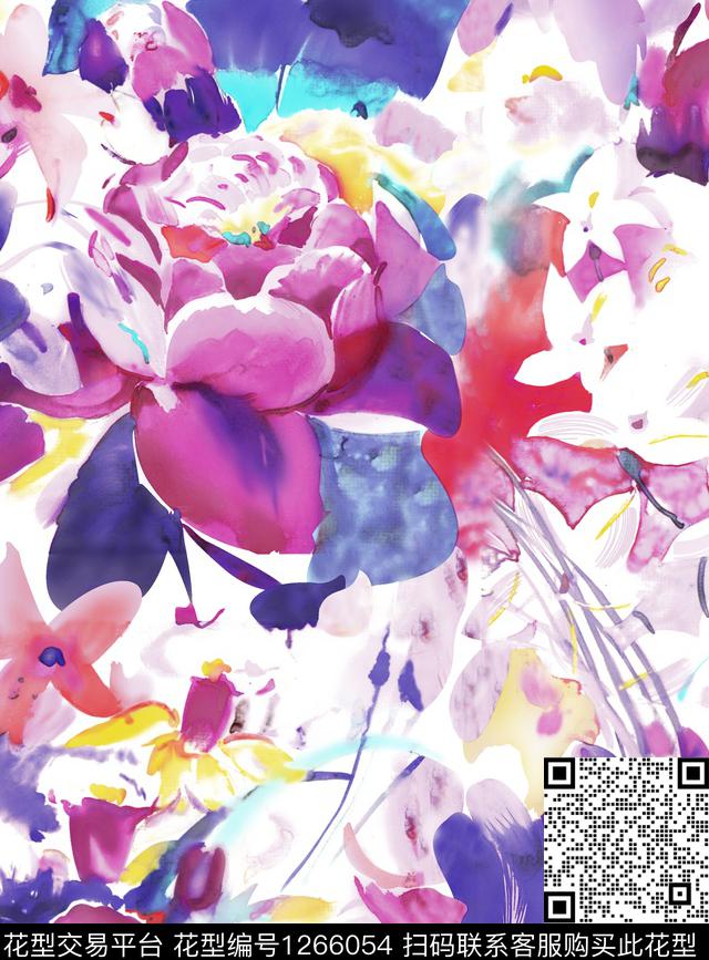 抽象花卉满版散花手绘大花数码印花花型下载（图片编号: 1266054） - 瓦栏（Walan）