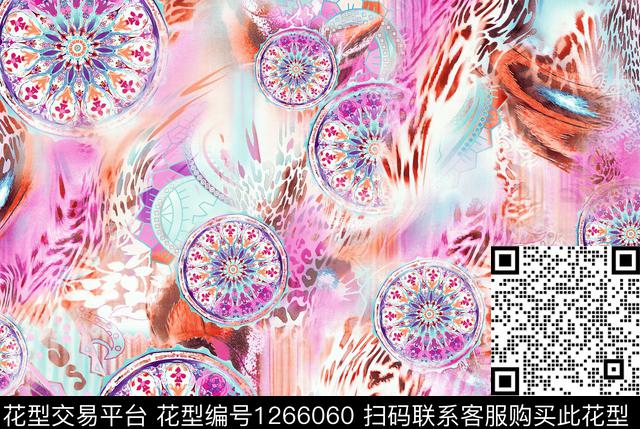 豹纹几何花卉春夏花型数码印花花型下载（图片编号: 1266060） - 瓦栏（Walan）