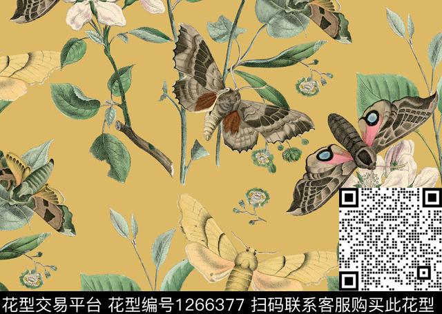 飞蛾 花.jpg - 1266377 - 植物 昆虫 飞蛾 - 数码印花花型 － 女装花型设计 － 瓦栏