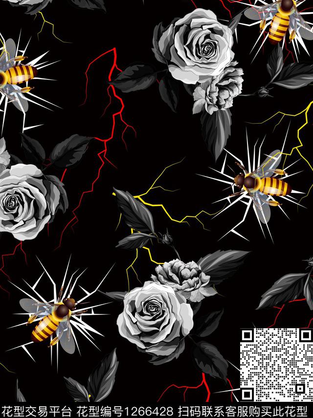 抽象闪电男装.jpg - 1266428 - 黑底花卉 黑白花型 昆虫 - 数码印花花型 － 男装花型设计 － 瓦栏