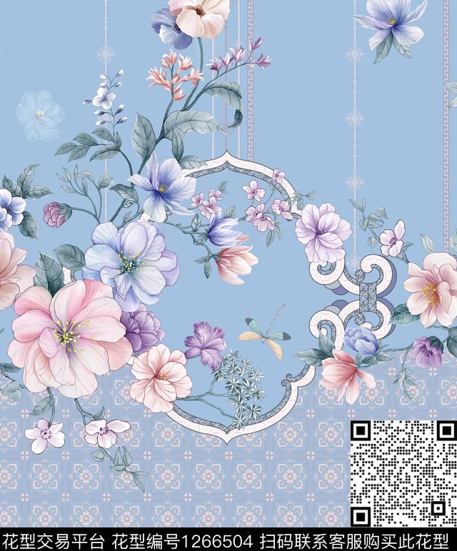 那年之夏.jpg - 1266504 - 民族花卉 蜻蜓 中国 - 数码印花花型 － 床品花型设计 － 瓦栏