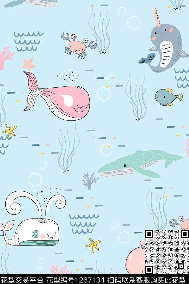 haiyang.jpg - 1267134 - 海洋 蓝色 鲸鱼 - 传统印花花型 － 女装花型设计 － 瓦栏