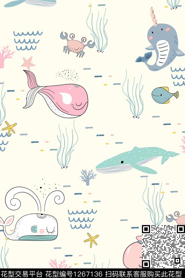 haiyang.jpg - 1267136 - 海洋 蓝色 鲸鱼 - 传统印花花型 － 女装花型设计 － 瓦栏