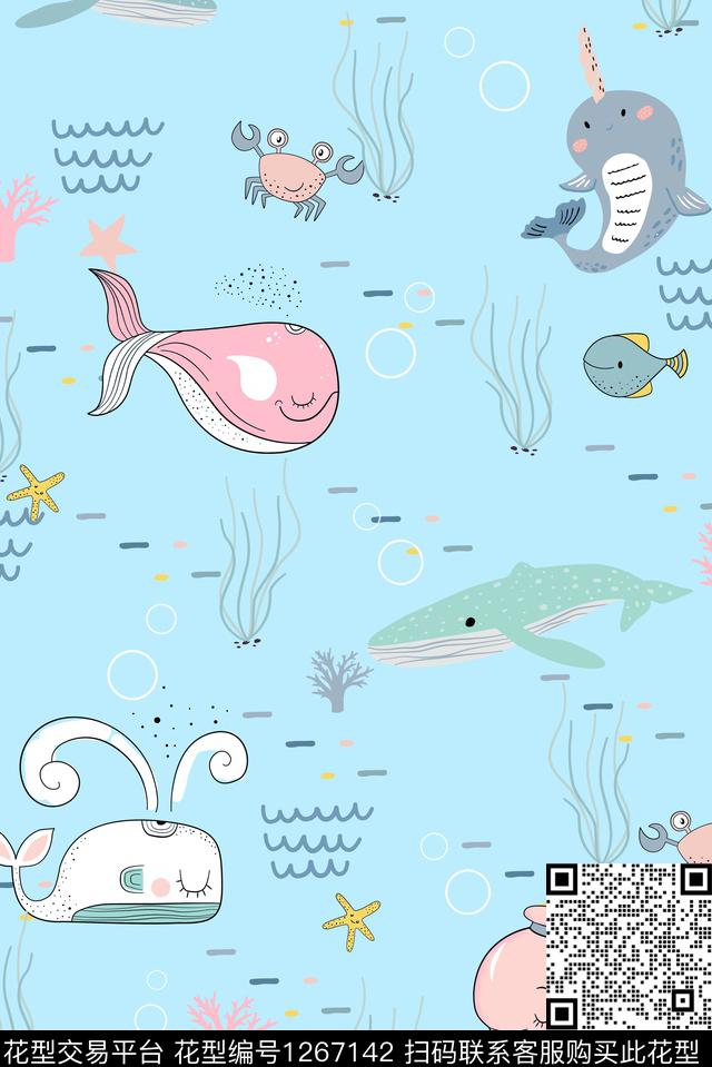 haiyang.jpg - 1267142 - 海洋 蓝色 鲸鱼 - 传统印花花型 － 女装花型设计 － 瓦栏