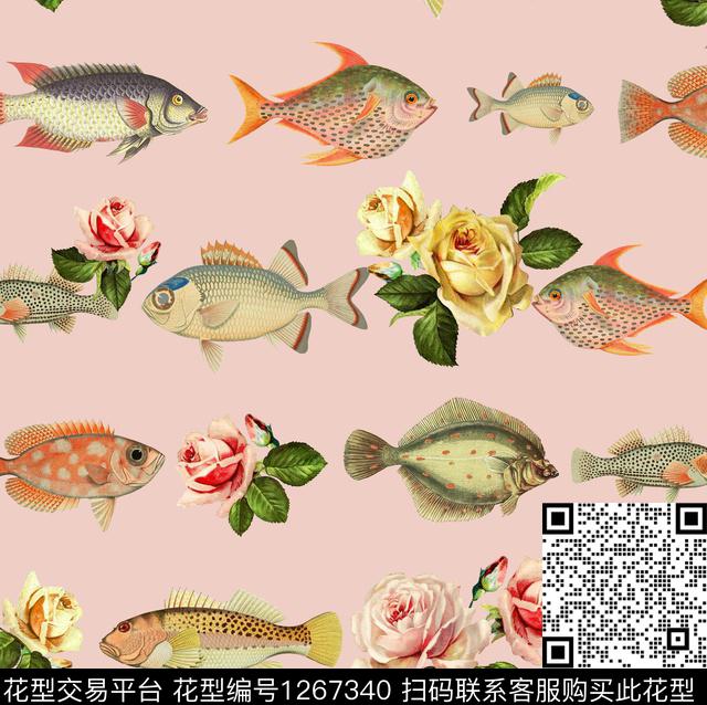 玫瑰花 热带鱼.jpg - 1267340 - 热带鱼 植物 玫瑰花 - 数码印花花型 － 女装花型设计 － 瓦栏