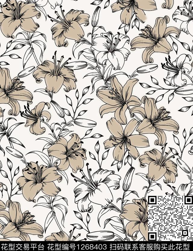 女装花卉百合花卉传统印花花型下载（图片编号: 1268403） - 瓦栏（Walan）
