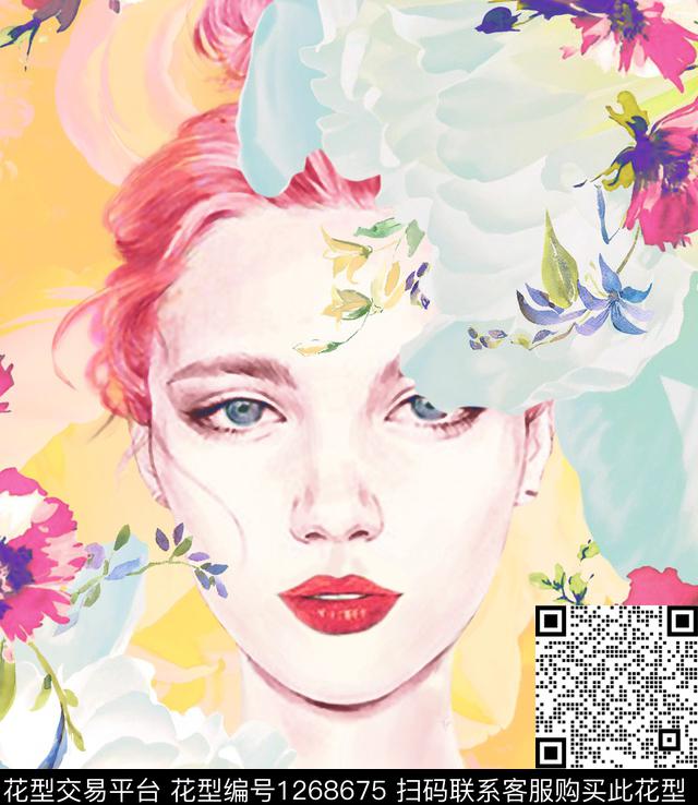 水彩花卉女性手绘头像定位花数码印花花型下载（图片编号: 1268675） - 瓦栏（Walan）
