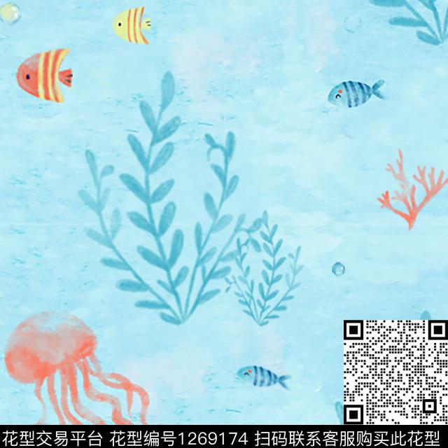 海洋作品.jpg - 1269174 - 水草 水母 手绘 - 数码印花花型 － 童装花型设计 － 瓦栏
