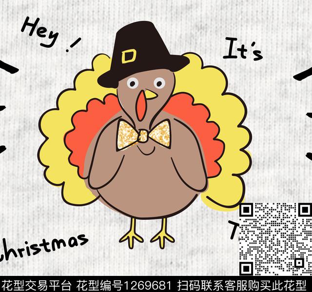 Christmas Say "HI" Turkey 32x30cm.jpg - 1269681 - 卡通 圣诞 火鸡 - 传统印花花型 － 童装花型设计 － 瓦栏