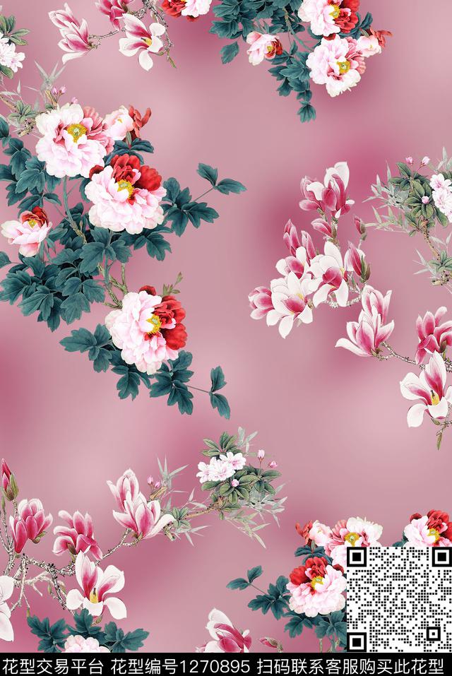 191101-1-1.jpg - 1270895 - 玉兰花 旗袍 牡丹 - 数码印花花型 － 女装花型设计 － 瓦栏