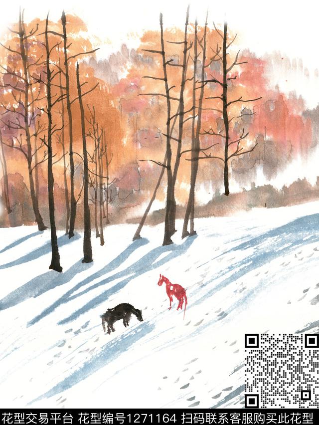 大雪中的树林.jpg - 1271164 - 手绘 国画 水墨风 - 数码印花花型 － 窗帘花型设计 － 瓦栏