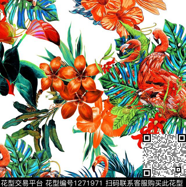 鸟绿植树叶花卉数码印花花型下载（图片编号: 1271971） - 瓦栏（Walan）