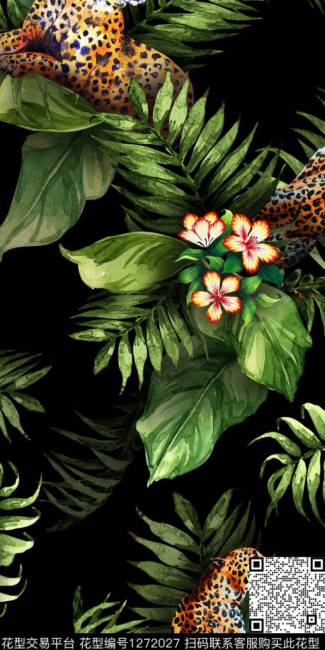 豹子叶子.jpg - 1272027 - 动物 绿植树叶 热带花型 - 数码印花花型 － 女装花型设计 － 瓦栏