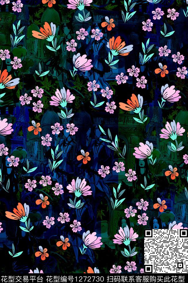 复古花卉真丝数码印花花型下载（图片编号: 1272730） - 瓦栏（Walan）