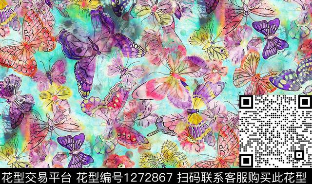 G1910152B.tif - 1272867 - 水彩 手绘 蝴蝶 - 数码印花花型 － 女装花型设计 － 瓦栏