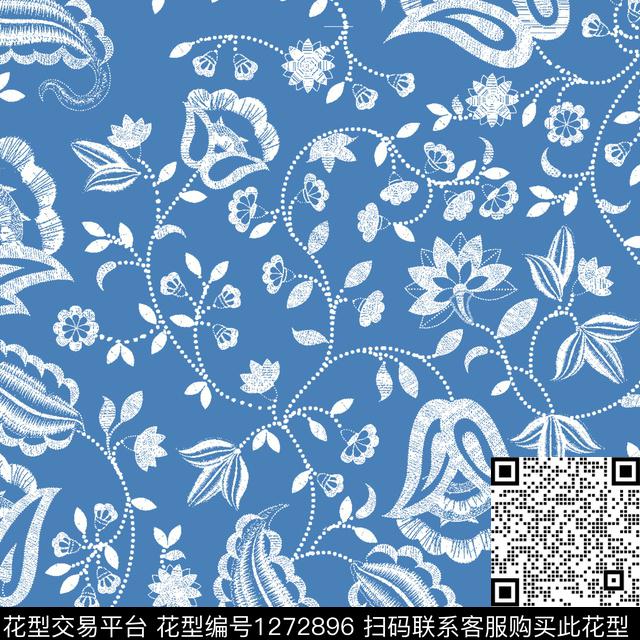 蕾丝图案.jpg - 1272896 - 网布蕾丝 彩底花卉 蓝印花布 - 传统印花花型 － 女装花型设计 － 瓦栏