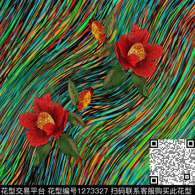 Y19f0131.jpg - 1273327 - 抽象花卉 条纹 小方巾 - 数码印花花型 － 方巾花型设计 － 瓦栏