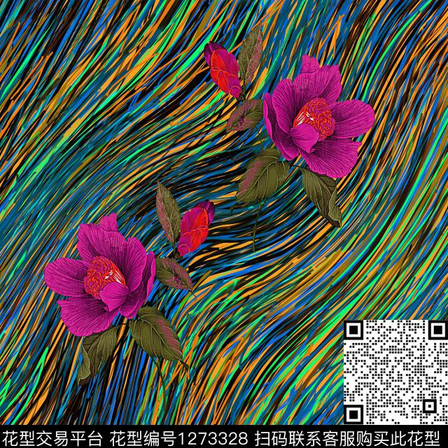 Y19f0132.jpg - 1273328 - 抽象花卉 条纹 小方巾 - 数码印花花型 － 方巾花型设计 － 瓦栏