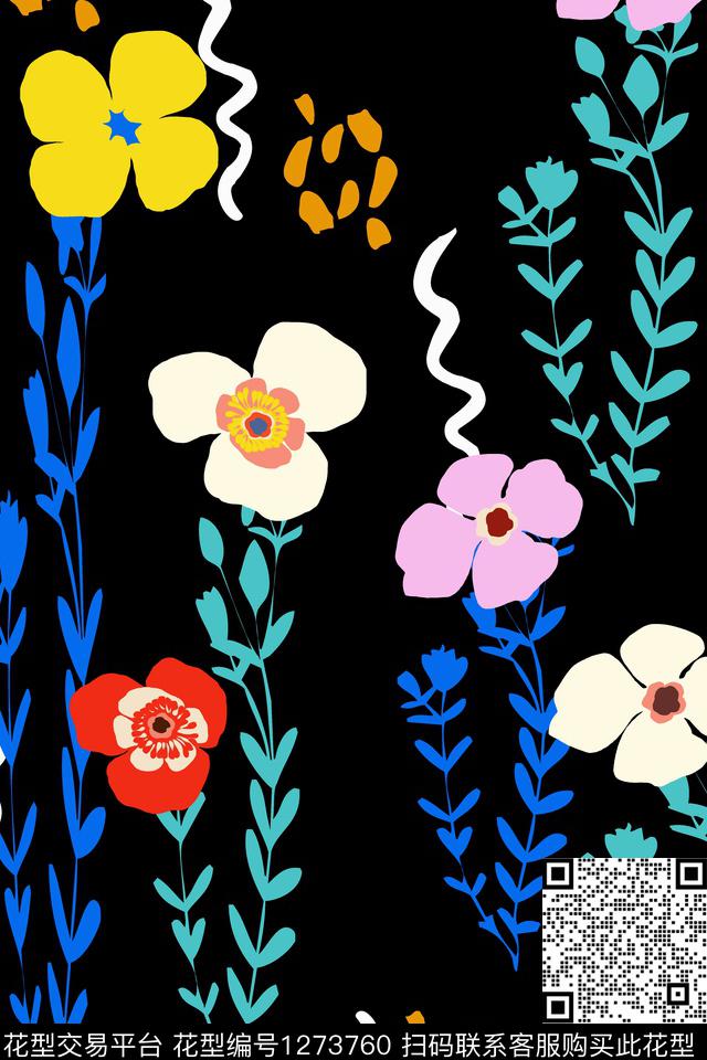 女装黑底花卉几何花卉传统印花花型下载（图片编号: 1273760） - 瓦栏（Walan）