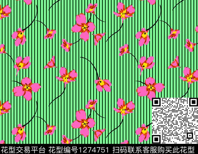1905-粉花条.jpg - 1274751 - 泳装 线条花卉 手绘花卉 - 传统印花花型 － 泳装花型设计 － 瓦栏