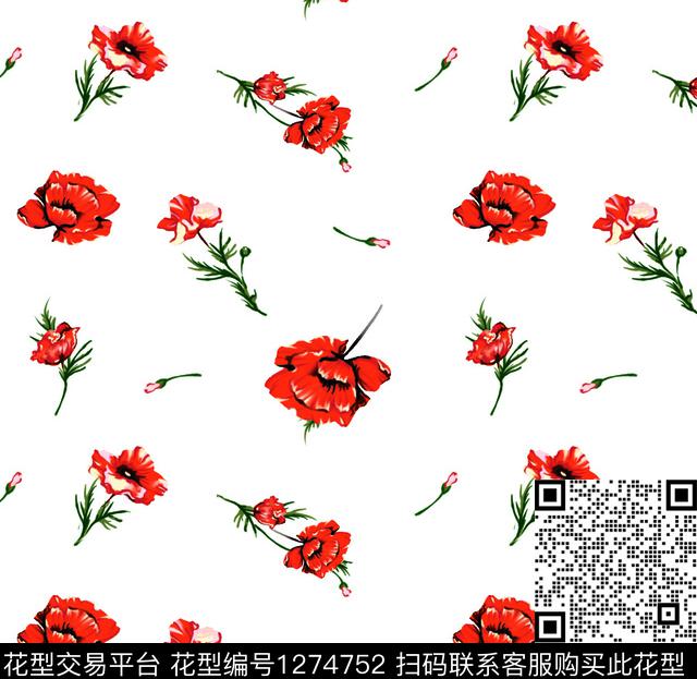 1906-红花白.jpg - 1274752 - 红花 泳装 手绘花卉 - 传统印花花型 － 泳装花型设计 － 瓦栏