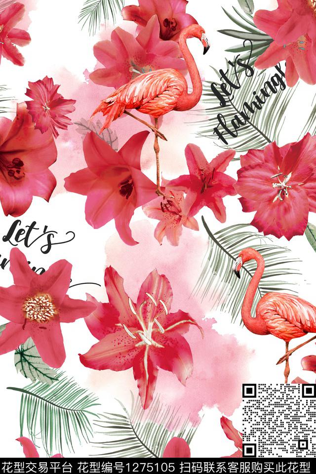 xcwh-o59.jpg - 1275105 - 女装 火烈鸟 手绘花卉 - 数码印花花型 － 泳装花型设计 － 瓦栏
