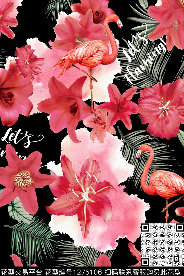 xcwh-o59-a.jpg - 1275106 - 女装 火烈鸟 手绘花卉 - 数码印花花型 － 泳装花型设计 － 瓦栏