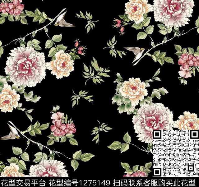 guan006.jpg - 1275149 - 牡丹 满版散花 黑色背景 - 数码印花花型 － 女装花型设计 － 瓦栏