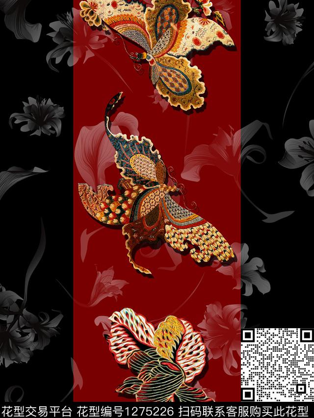 中分蝴蝶-1（h80.jpg - 1275226 - 定位花 花卉 民族风 - 数码印花花型 － 女装花型设计 － 瓦栏