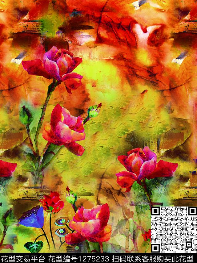 WX-玫瑰玫瑰-1（h80.jpg - 1275233 - 定位花 花卉 女装定位花 - 数码印花花型 － 女装花型设计 － 瓦栏