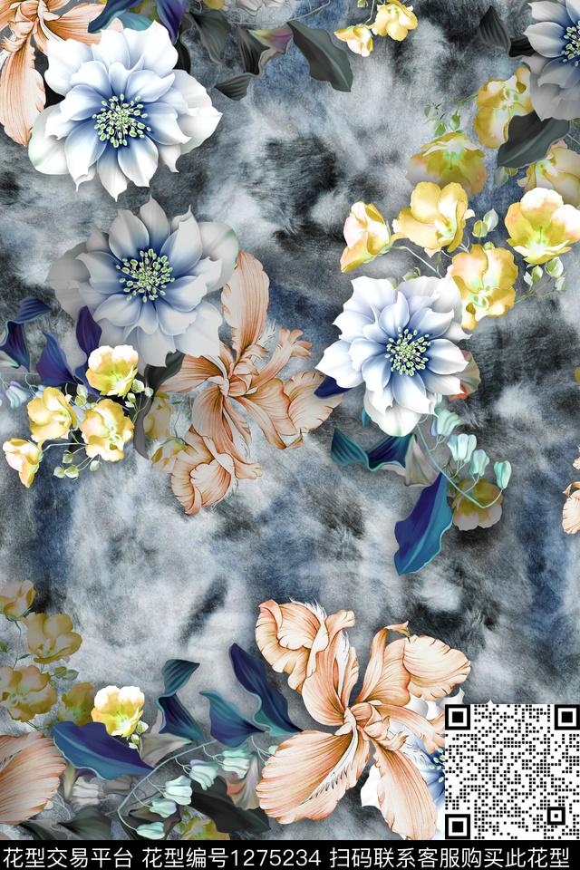 H102.jpg - 1275234 - 花卉 旗袍 手绘花卉 - 数码印花花型 － 女装花型设计 － 瓦栏