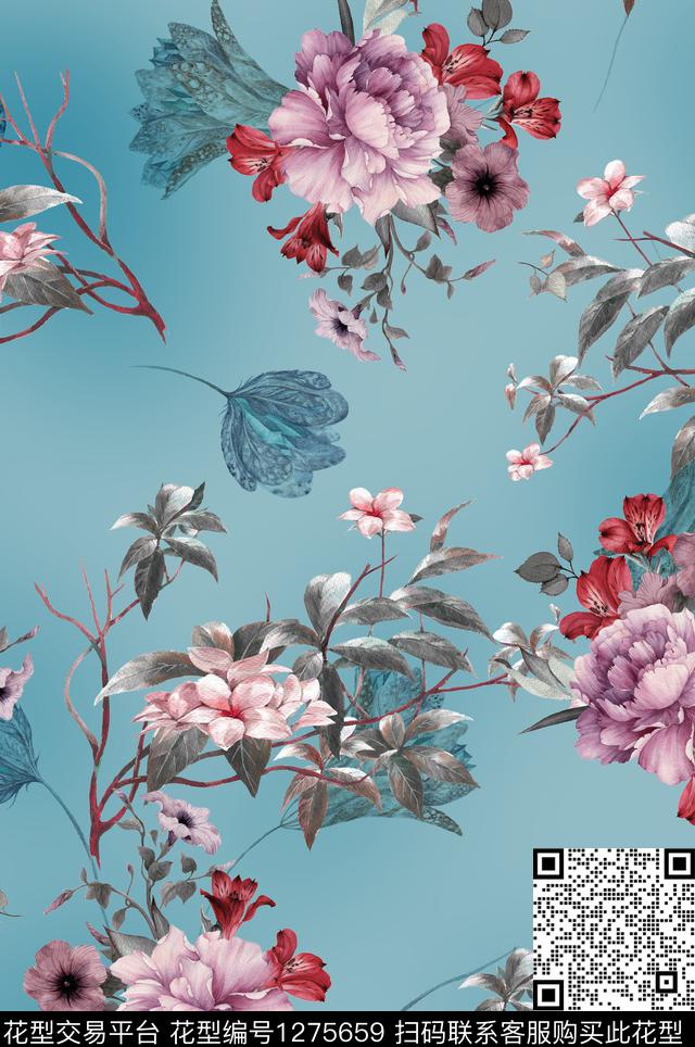 植物中国风国画数码印花花型下载（图片编号: 1275659） - 瓦栏（Walan）