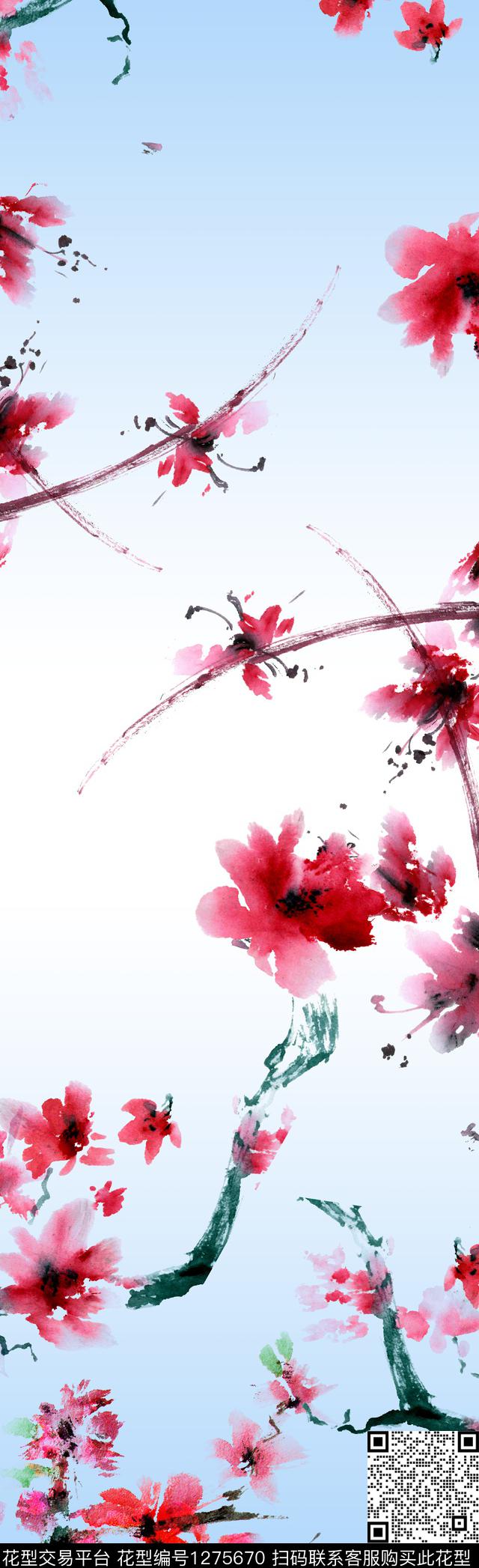 植物中国风国画数码印花花型下载（图片编号: 1275670） - 瓦栏（Walan）