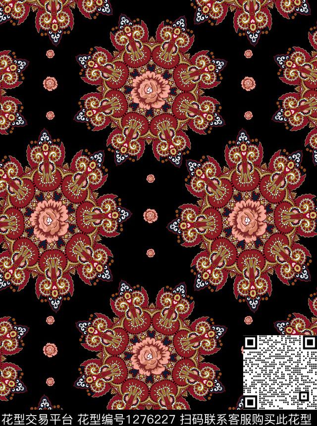 guan025.jpg - 1276227 - 黑底花卉 花卉 红花 - 传统印花花型 － 女装花型设计 － 瓦栏
