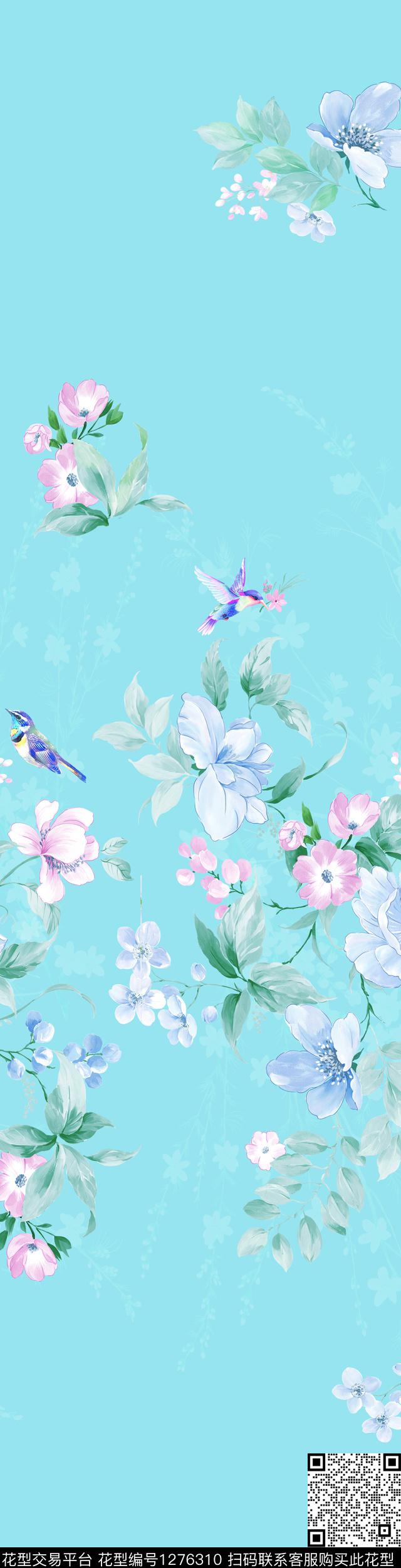 花鸟.jpg - 1276310 - 花鸟 水彩 手绘 - 传统印花花型 － 窗帘花型设计 － 瓦栏